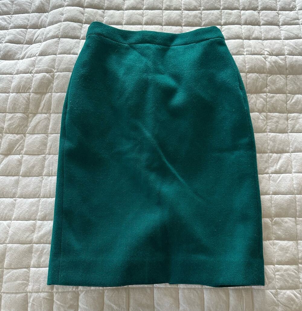 J Crew Skirt Womens 0 Green No 2 Pencil 100% Wool Jewel Tone Preppy Minimalist